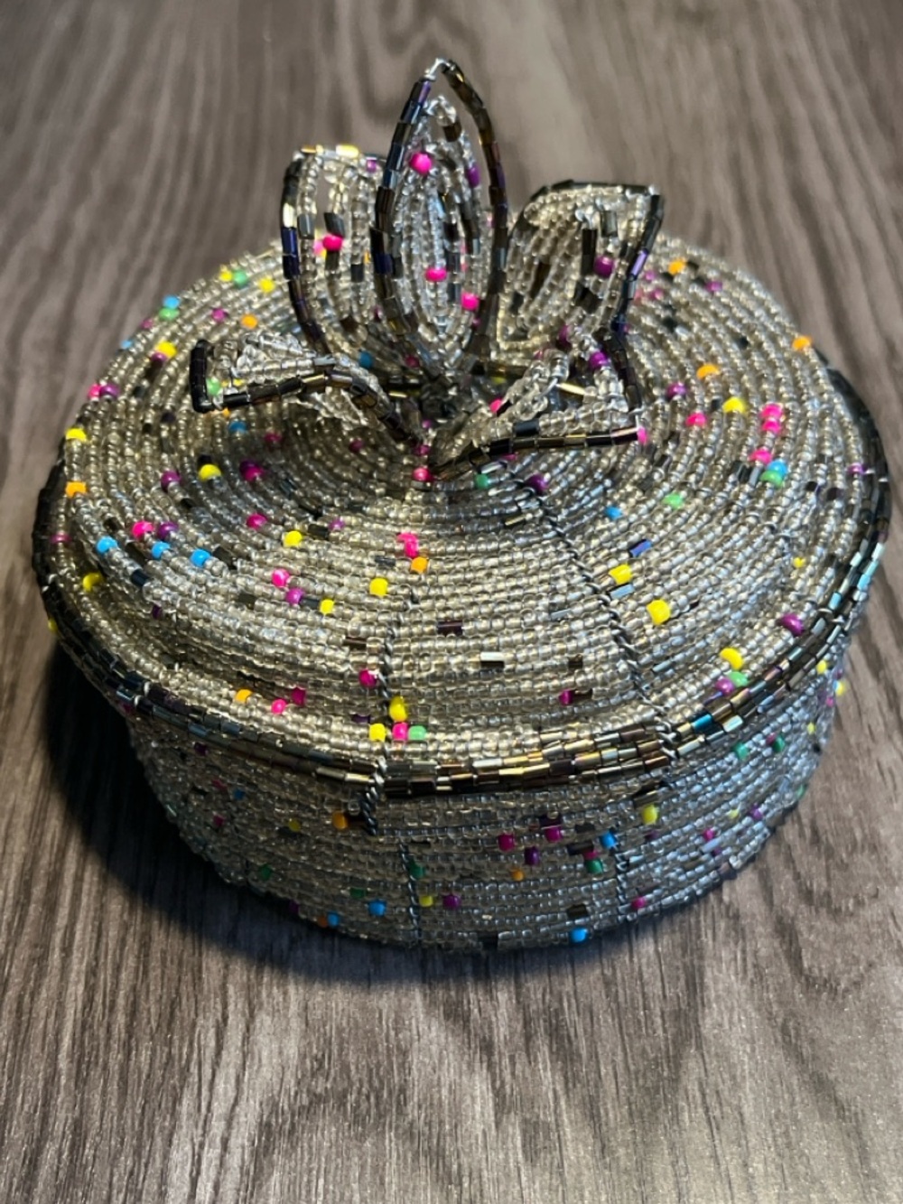 Vintage Handmade Hand Beaded Trinket Box Butterfly Lid Boho Jewelry box 
4”x3.5”